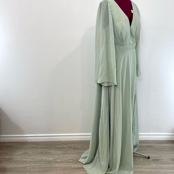 JJs House A-line V-Neck Chiffon Bridesmaid Dress Bell Sleeves Slit Sage 14/16 - Picture 5 of 11